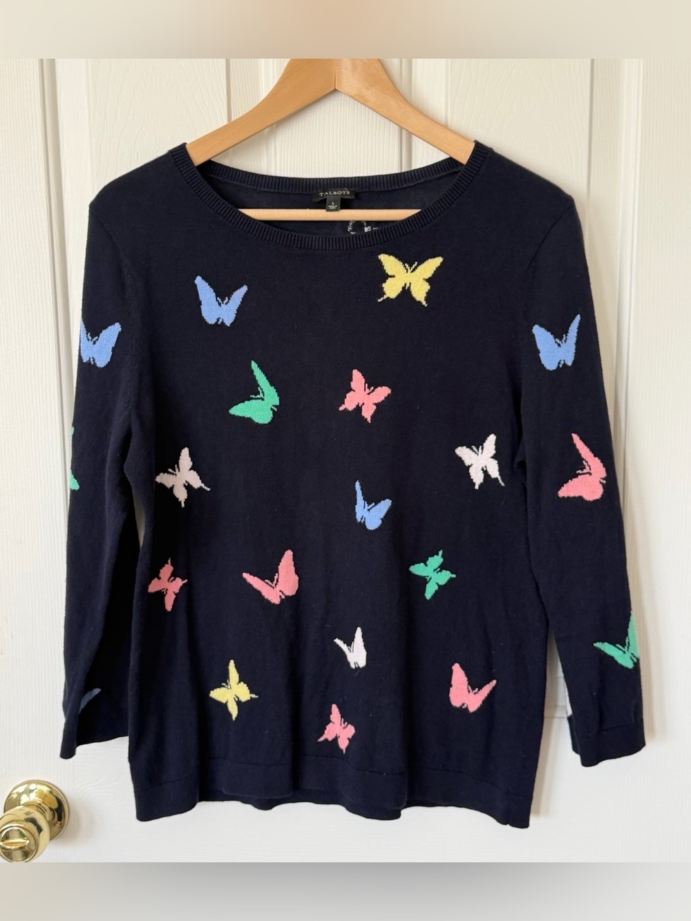 Talbots Navy Crewneck Sweater with Multicolor Butterfly Motif